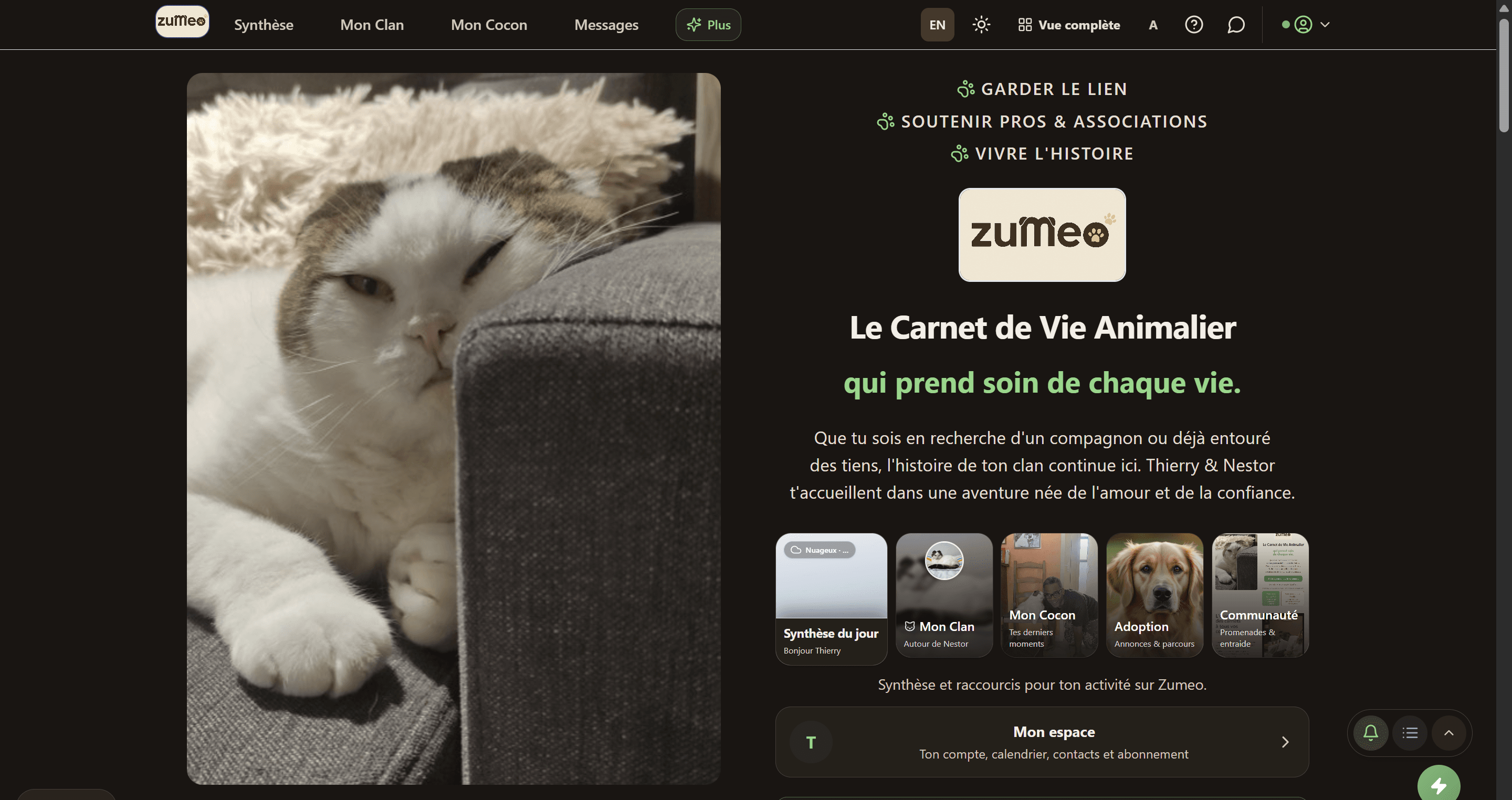 Aperçu de la landing page de Zumeo, le carnet de vie animalier